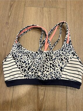 Athleta Animal Print & Stripe Sports Bra - Navy and Pink